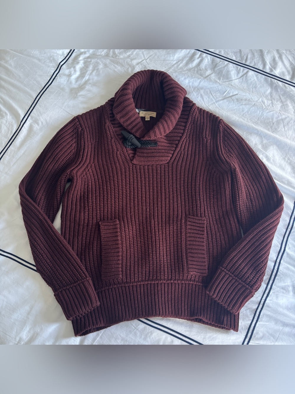 BURBERRY Men’s Chunky Rib Knit Shawl Collar Wool Cashmere Sweater